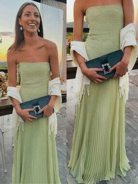 Alexis Sunniva Dress Sage Green Pleated‎ Strapless Plissé Maxi Gown Size L